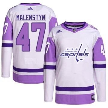 Authentic Adidas Men's Beck Malenstyn Washington Capitals Hockey Fights Cancer Primegreen Jersey - White/Purple