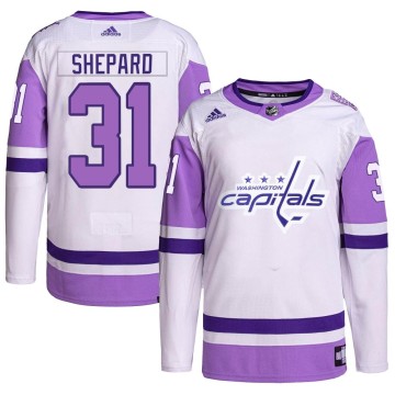 Authentic Adidas Men's Hunter Shepard Washington Capitals Hockey Fights Cancer Primegreen Jersey - White/Purple