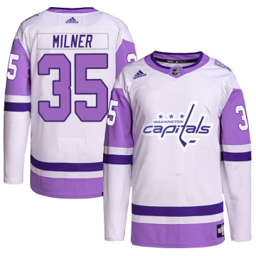 Authentic Adidas Men's Parker Milner Washington Capitals Hockey Fights Cancer Primegreen Jersey - White/Purple
