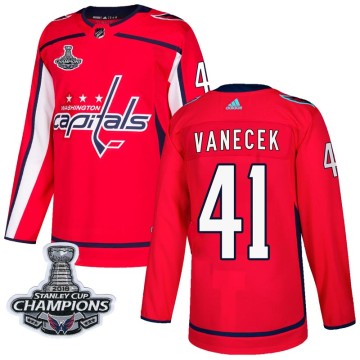 Authentic Adidas Men's Vitek Vanecek Washington Capitals Home 2018 Stanley Cup Champions Patch Jersey - Red