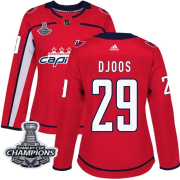 Authentic Adidas Women's Christian Djoos Washington Capitals Home 2018 Stanley Cup Champions Patch Jersey - Red