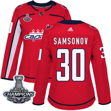 Authentic Adidas Women's Ilya Samsonov Washington Capitals Home 2018 Stanley Cup Champions Patch Jersey - Red