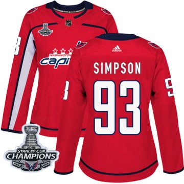 Authentic Adidas Women's Mark Simpson Washington Capitals Home 2018 Stanley Cup Champions Patch Jersey - Red