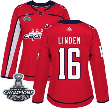 Authentic Adidas Women's Trevor Linden Washington Capitals Home 2018 Stanley Cup Champions Patch Jersey - Red