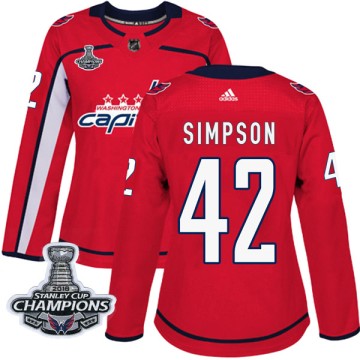 Authentic Adidas Women's Wayne Simpson Washington Capitals Home 2018 Stanley Cup Champions Patch Jersey - Red