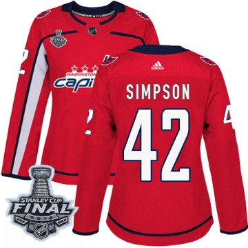 Authentic Adidas Women's Wayne Simpson Washington Capitals Home 2018 Stanley Cup Final Patch Jersey - Red