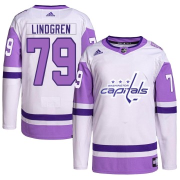 Authentic Adidas Youth Charlie Lindgren Washington Capitals Hockey Fights Cancer Primegreen Jersey - White/Purple